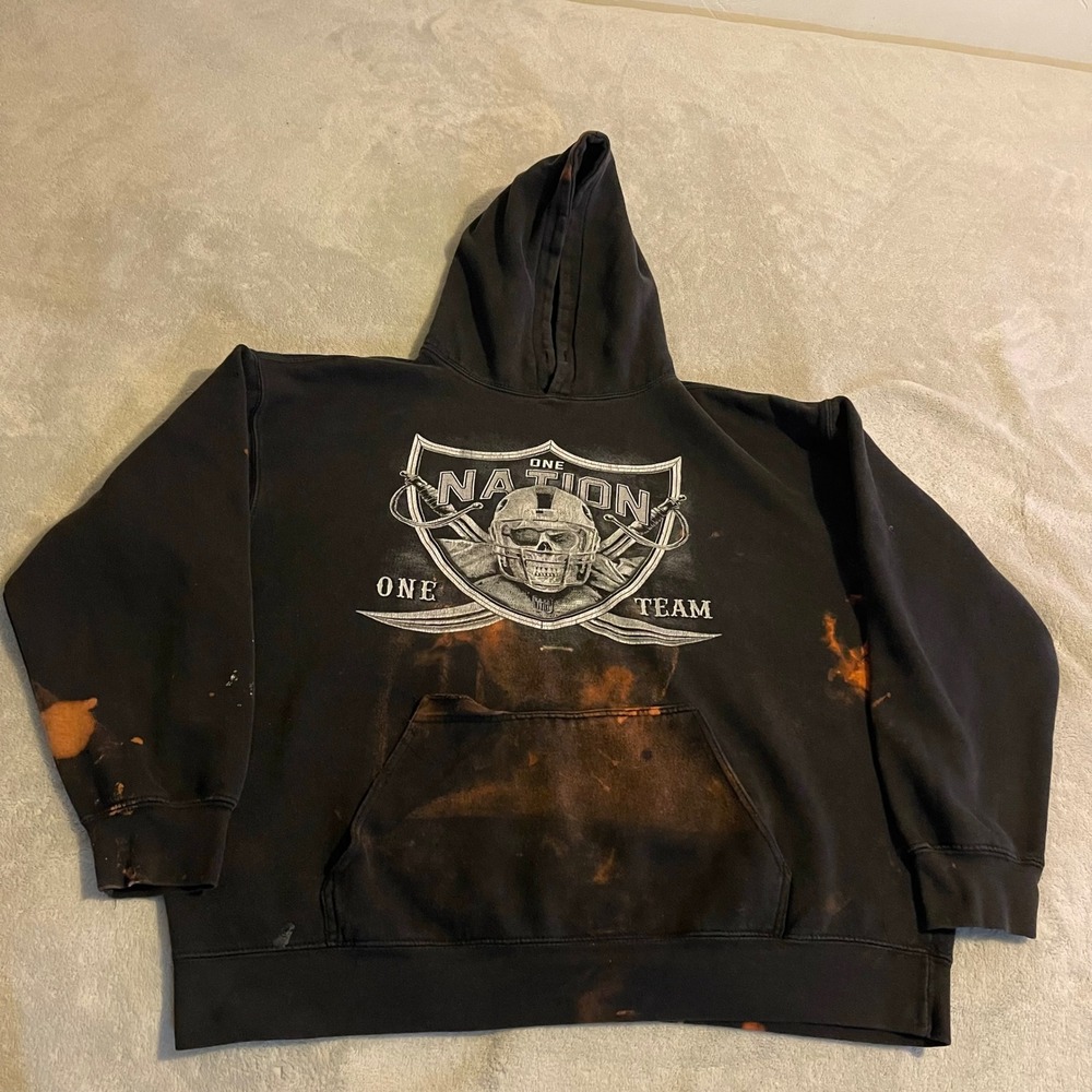 Vintage Raiders One Nation One Team Graphic Hoodie Bleach Dyed 2XL NFL‎ Football